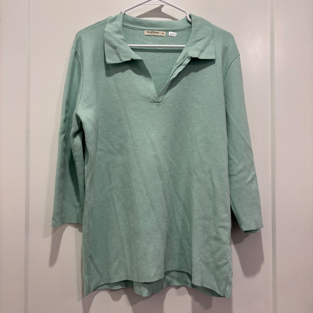 WoolOvers Mint Green Organic Cotton Cashmere Blend V-Neck Polo Top XL